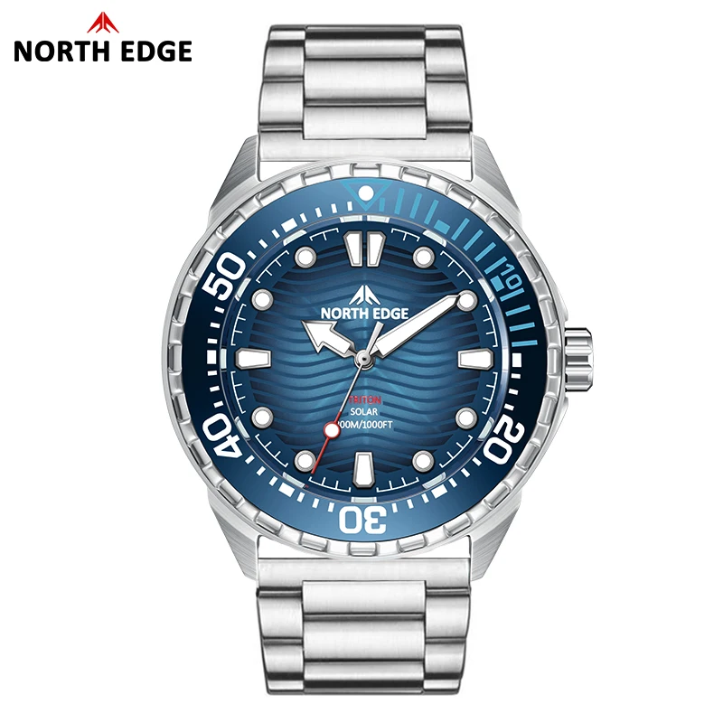 NORTH EDGE 2025 Nuevo Reloj de Buceo TRITON con Energía Solar para Hombre, Relojes de Cuarzo de Lujo para Hombre, Caja de Acero Inoxidable 316L, Resistente al Agua 300M