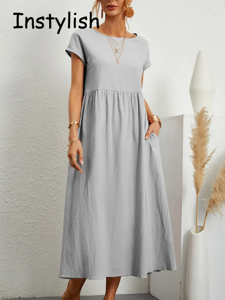 Vestido largo holgado de lino y algodón para mujer, prenda elegante y lisa de manga corta con cuello redondo, Estilo Vintage Harajuku, Y2K