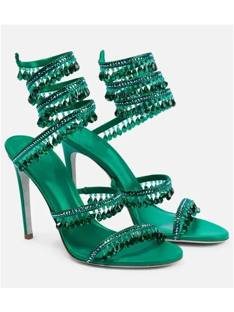 2025 nueva moda para mujer, zapatos con borlas de cristal, tacones altos de aguja sexis para fiesta y banquete, sandalias grandes para mujer, zapatos de baile