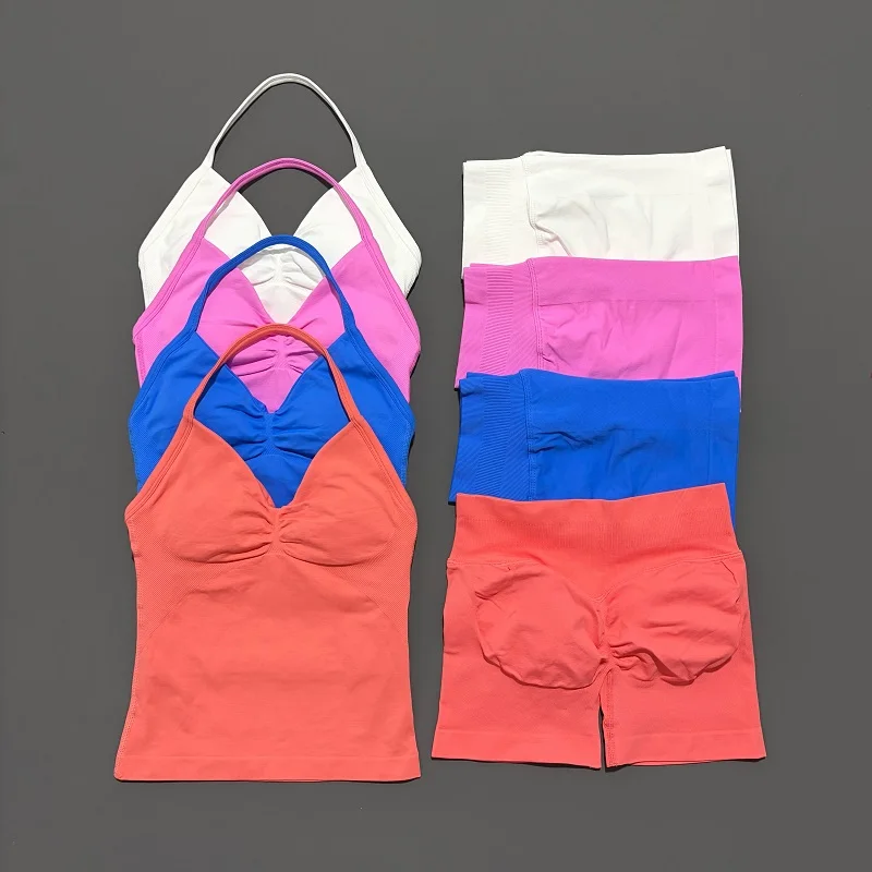 Conjunto Deportivo de 2 Piezas para Mujer: Top de Yoga sin Espalda y Shorts Scrunch de Cintura Alta Sin Costuras - Ideal para Gimnasio y Entrenamiento