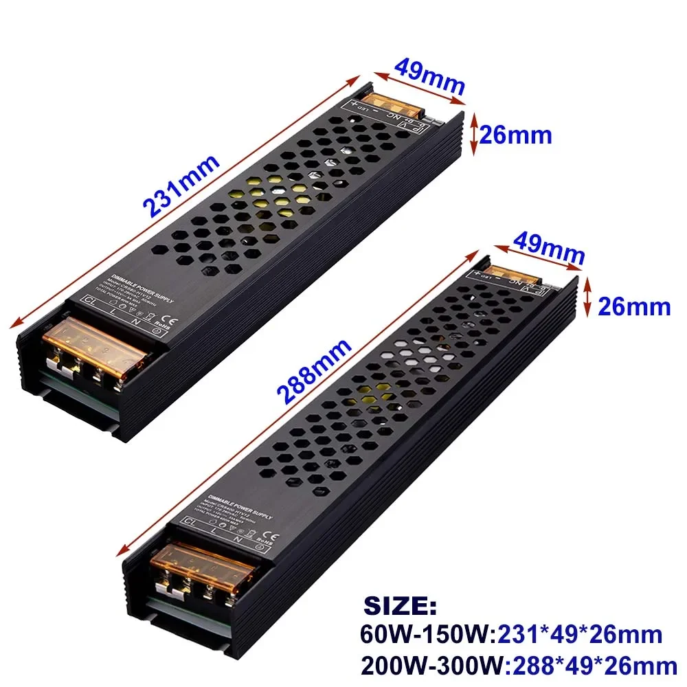 DC12V/24V 60W 100W 150W 200W 250W 300W Controlador LED regulable Triac de aluminio y fuente de alimentación de atenuación de 0-10V transformador de iluminación