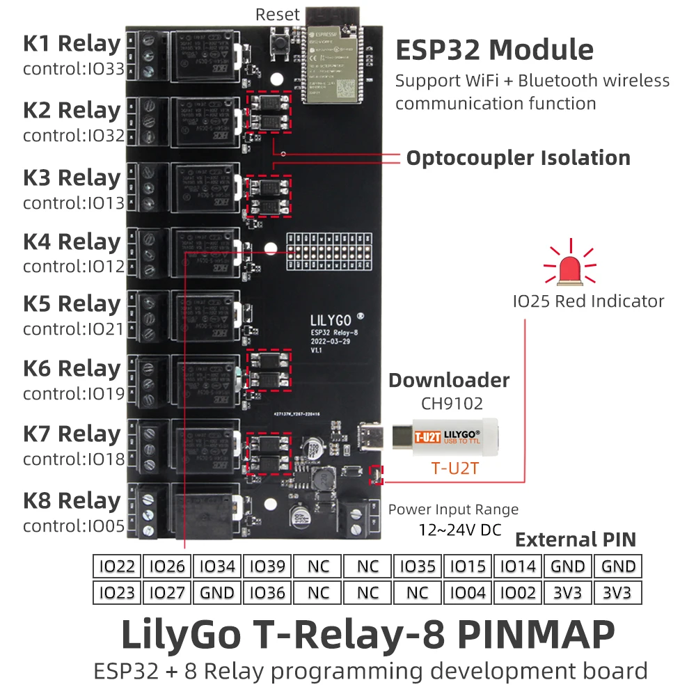 LILYGO ®   Módulo de relé T-Relay 5V de 8 canales ESP32 Placa de desarrollo inalámbrico WIFI Bluetooth con aislamiento optoacoplador para Arduino