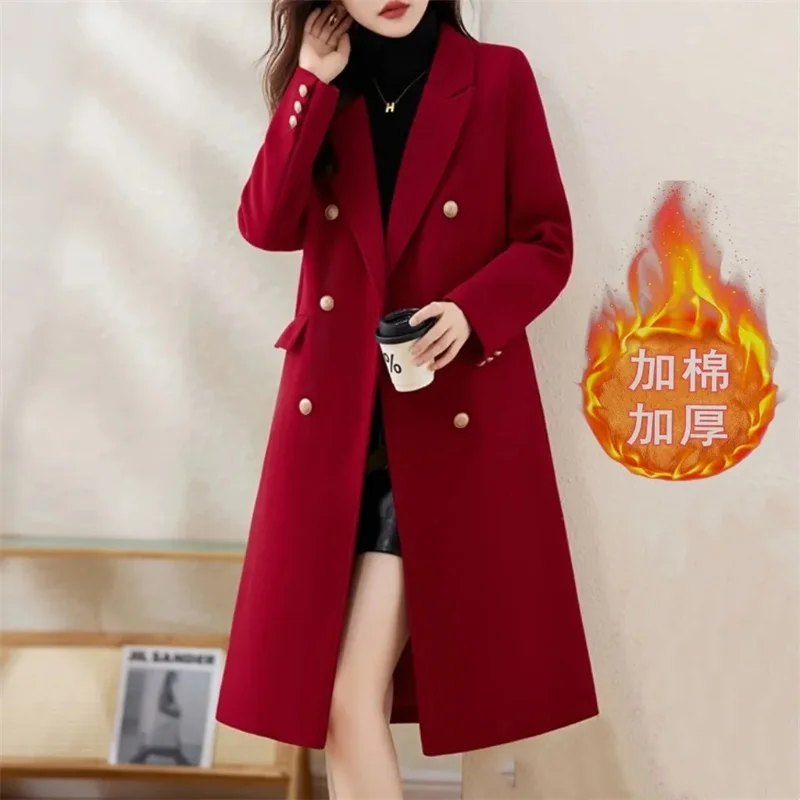 Abrigo Largo de Lana Rojo para Mujer, Cálido, Casual, Ajustado, con Algodón, Grueso, de Moda, Nueva Colección Otoño Invierno 2026