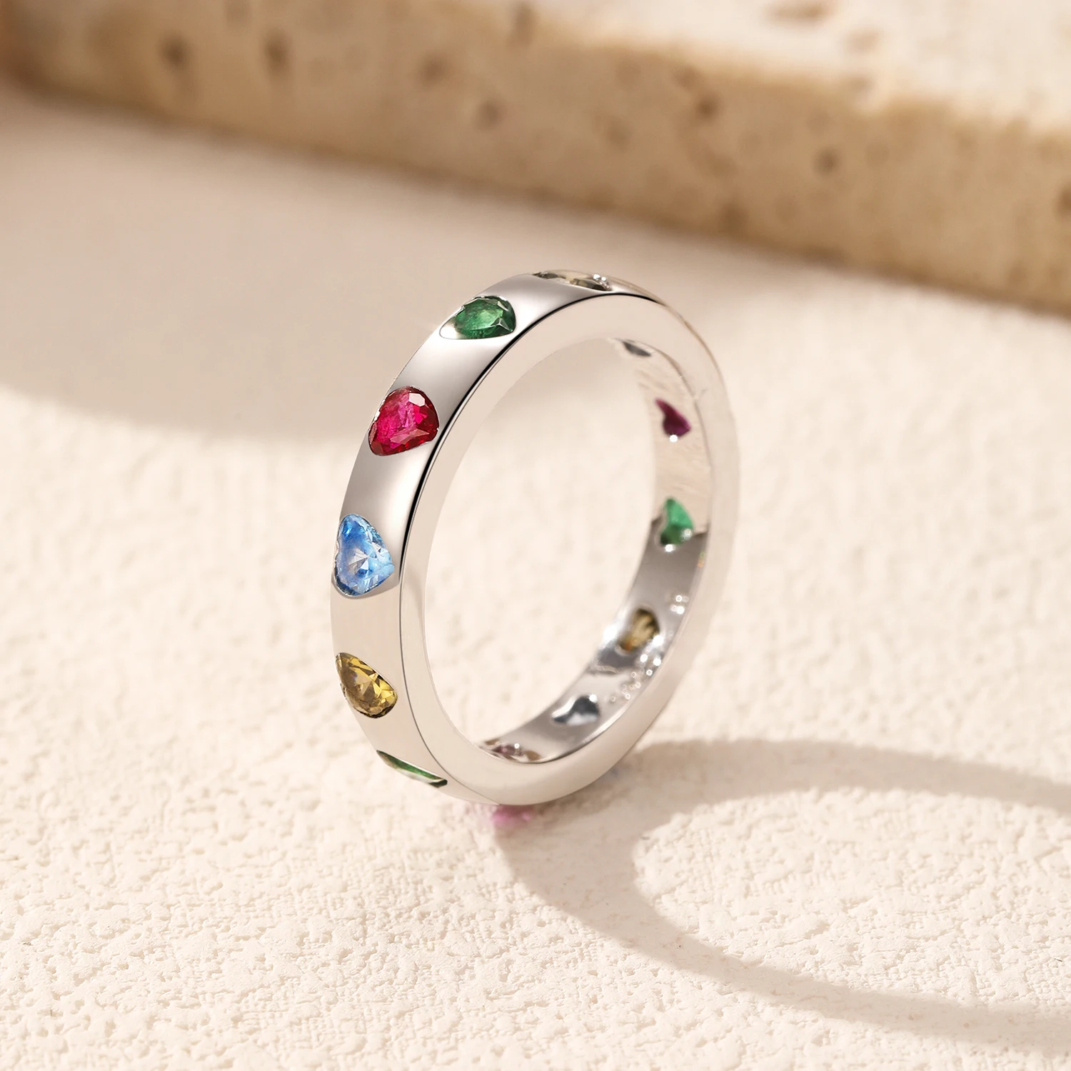MODIAN Plata de Ley 925 dulce romántico colorido circón corazón apilable eternidad banda anillos de moda para mujeres joyería fina