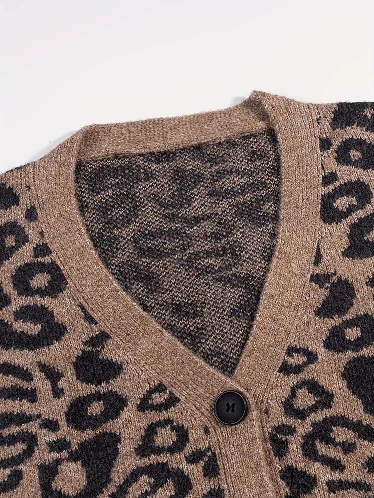 Suéter Cárdigan Casual para Mujer con Cuello en V, Estampado de Leopardo, Manga Larga y Botones, Moderno y Versátil, Rejuvenecedor y Retro