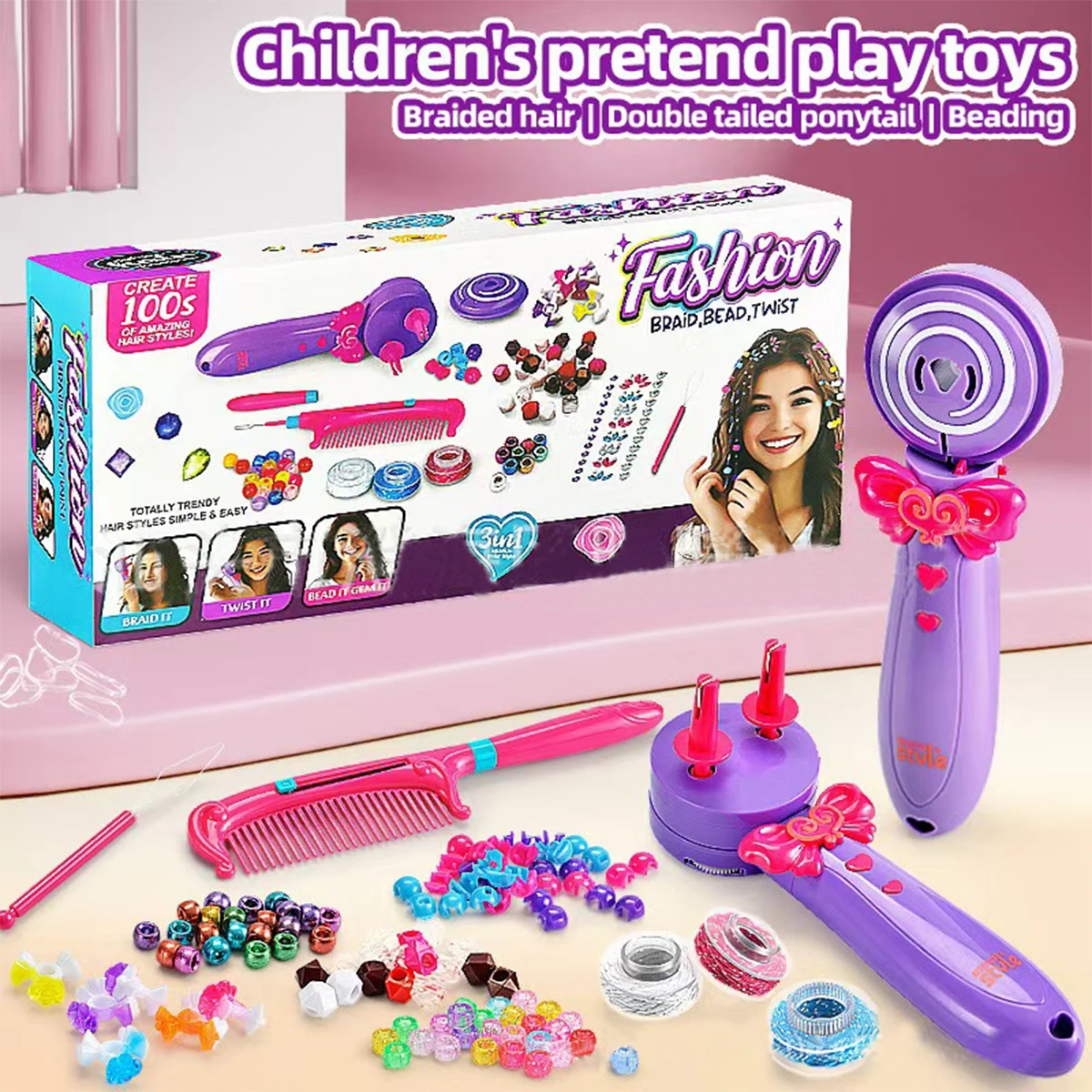 Trenzadora de Cabello Eléctrica Mágica con Cuentas Decorativas, Tres en Uno, Totalmente Automática, para Trenzas y Peinados Estilo Fritura de Masa