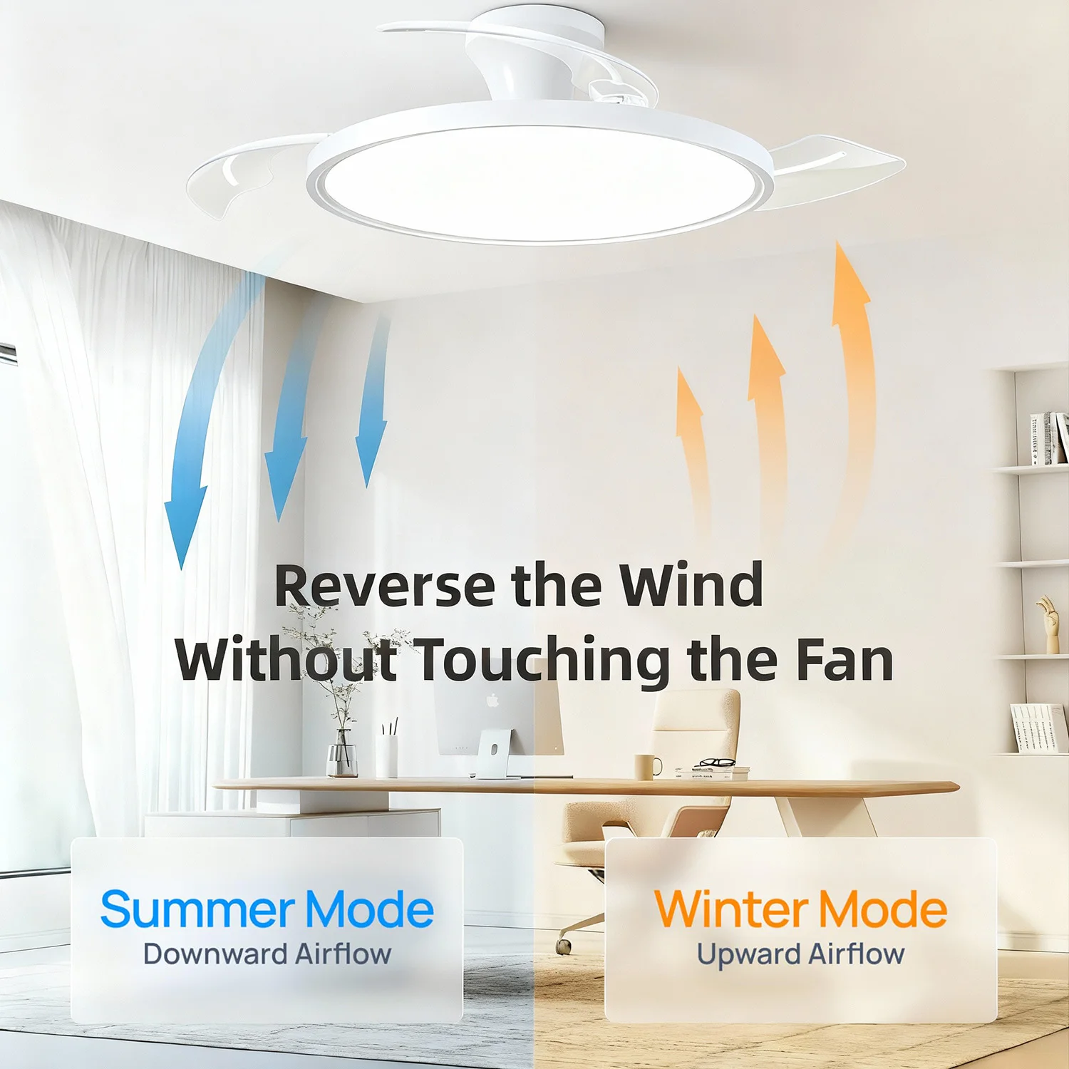 Ventilador de techo moderno e invisible IRALAN con luz LED, motor de corriente continua, gran capacidad de ventilación y control remoto, ideal para dormitorios y comedores.