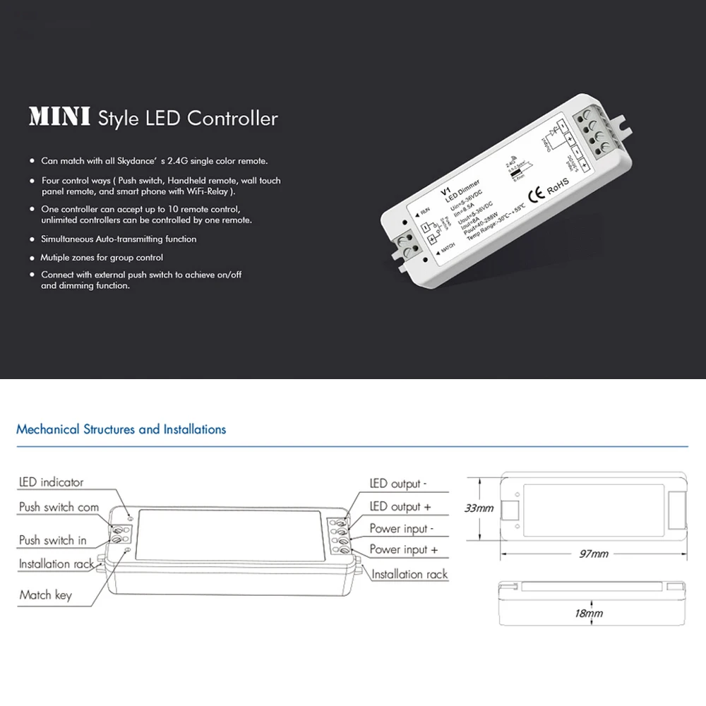 Atenuador de luz LED V1, 1 canal, 5V, 12V, 24V, 36V, 4 zonas, un solo Color, Kit de atenuación, inalámbrico, 2,4G, Control remoto RF, Interruptor táctil