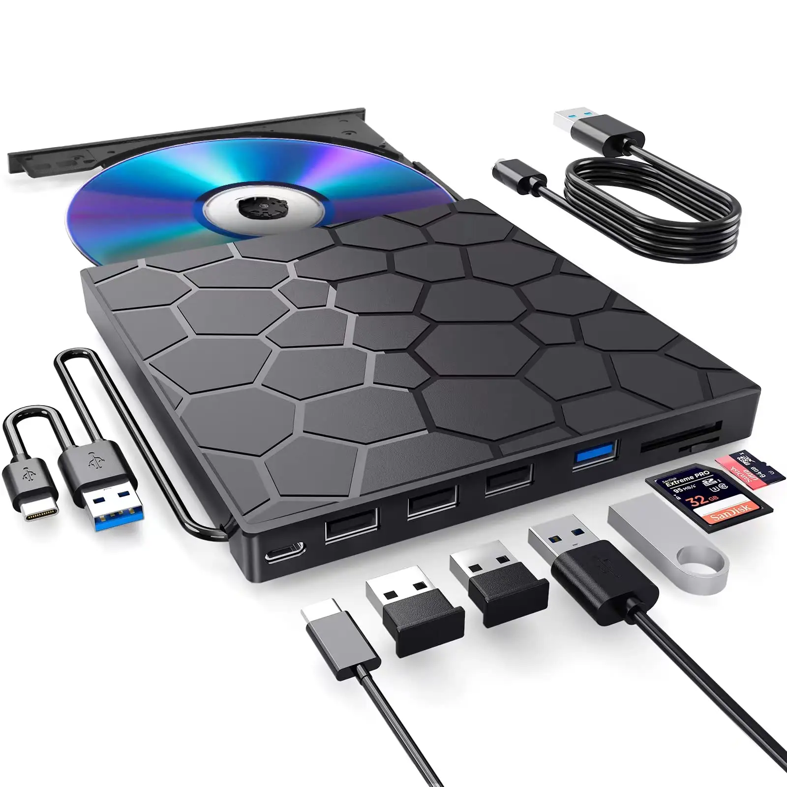Unidad de CD/DVD externa 7 en 1, USB 3,0 tipo C, reproductor de DVD portátil, grabadora de CD, unidad de disco externa para escritorio, Mac, Windows, Linux