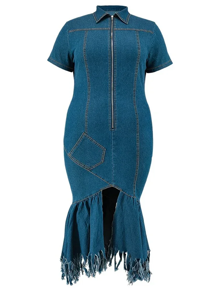 Wmstar Denim vestidos de talla grande para mujer verano sólido cremallera dobladillo con borlas moda elegante Maxi vestido venta al por mayor Dropshipping 2024
