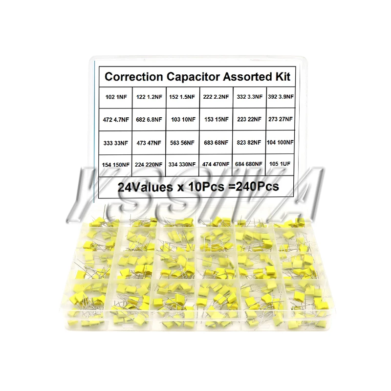 Kit surtido de condensadores de corrección, 240 Uds., 24 valores x 10 Uds., 100V, 102J-105J, juego de condensadores de película plástica de seguridad de polipropileno