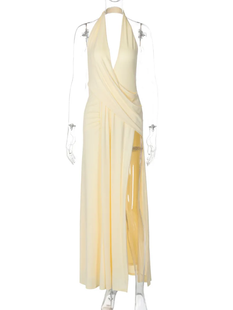 Mozision Halter escote en V profundo espalda descubierta Sexy Maxi vestido de mujer moda Irregular sin mangas muslo alto Split Club vestidos de fiesta