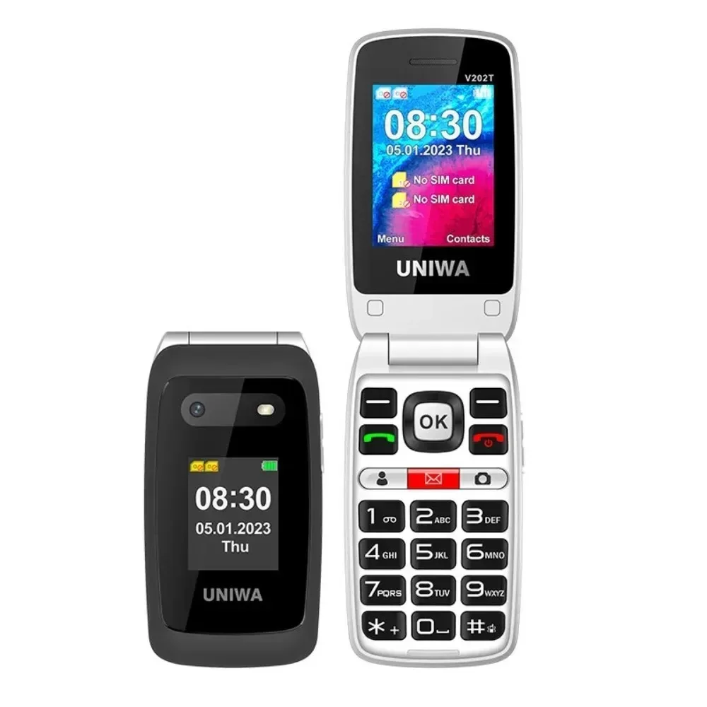 Teléfono Móvil Flip UNIWA V202T 4G con Doble Pantalla y Botones Grandes para Personas Mayores, 1450mAh, Función SOS