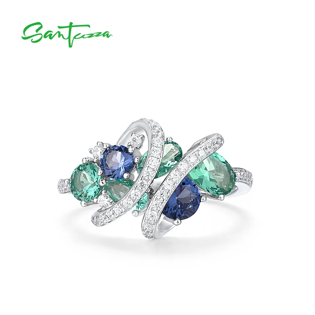 SANTUZZA 925 anillos de plata esterlina para mujer verde azul espinela blanca CZ piedras preciosas anillos originales regalos de boda joyería fina