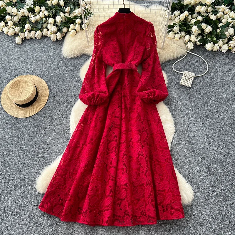 Vestido Largo de Encaje Elegante de Alta Gama para Mujer, Estilo Francés con Flores y Cierre de un Solo Botón, Ideal para Fiestas de Cumpleaños, Primavera/Otoño, S89