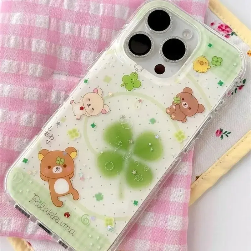 Linda funda para teléfono móvil con diseño de trébol de cuatro hojas Rilakkuma, moderna y protectora, compatible con iPhone 11, 12, 13, 14, 15, 16, 17 Pro Max