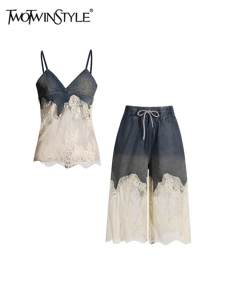 TWOTWINSTYLE-Conjunto de dos piezas de encaje de retazos para mujer, Tops sin mangas con cuello en V, pantalones sueltos de cintura alta, conjuntos de mezclilla adelgazante, nuevo