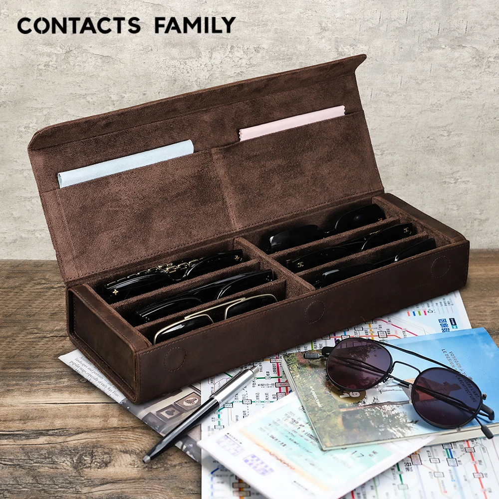 Caja de almacenamiento de gafas de sol de cuero genuino Retro, estuche de exhibición de gafas de sol, organizador de gafas de sol de viaje familiar, 2/3/4/6/8 rejillas