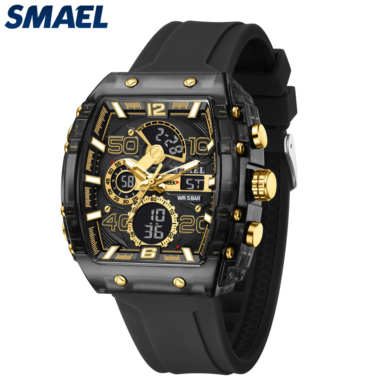 SMAEL marca 8109 nuevo reloj electrónico moda cuadrado doble pantalla impermeable luminoso multicolor para hombres