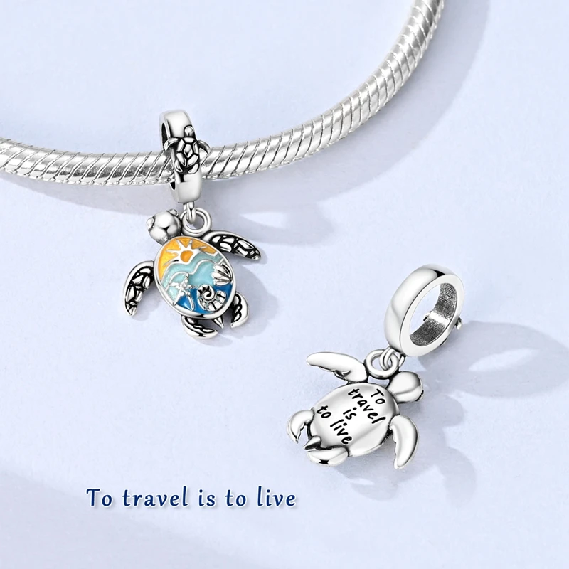 Colgante de Plata 925 con Dijes de Estrella de Mar, Tortuga Marina, Tiburón Ballena y Océano Azul de Verano, Compatible con Pulseras, para la Creación de Joyería Fina de Moda