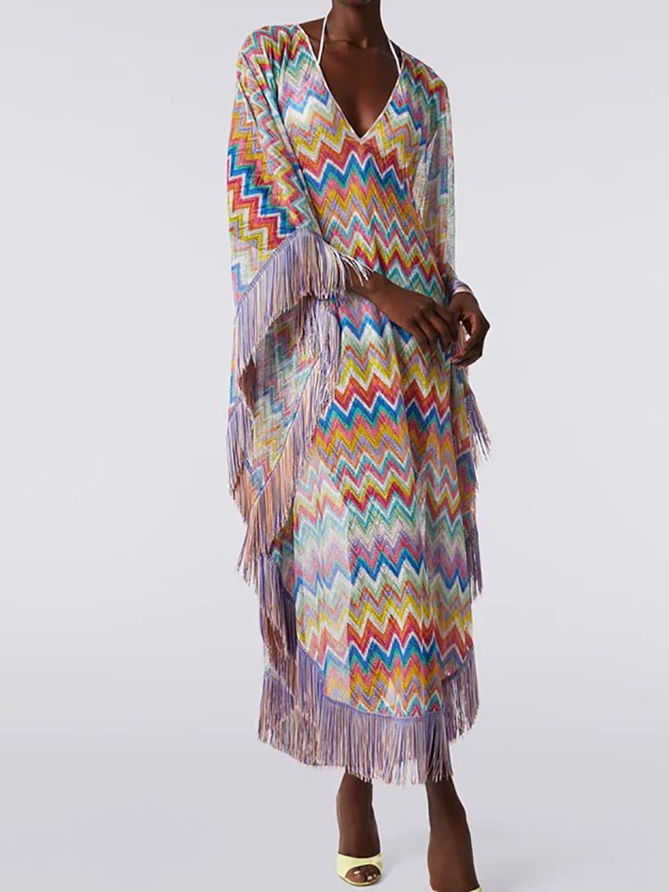 Vestido Maxi de Mujer con Borlas y Parches, Estilo Bohemio, Holgado, con Mangas Murciélago, Elegante, para Primavera/Verano, Moda Urbana, para Fiestas