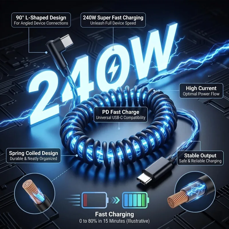 Cable de datos extensible de 240W con resorte corto, USB A a Tipo C, cable de carga rápida para iPhone, Samsung, Huawei, cable cargador de teléfono.
