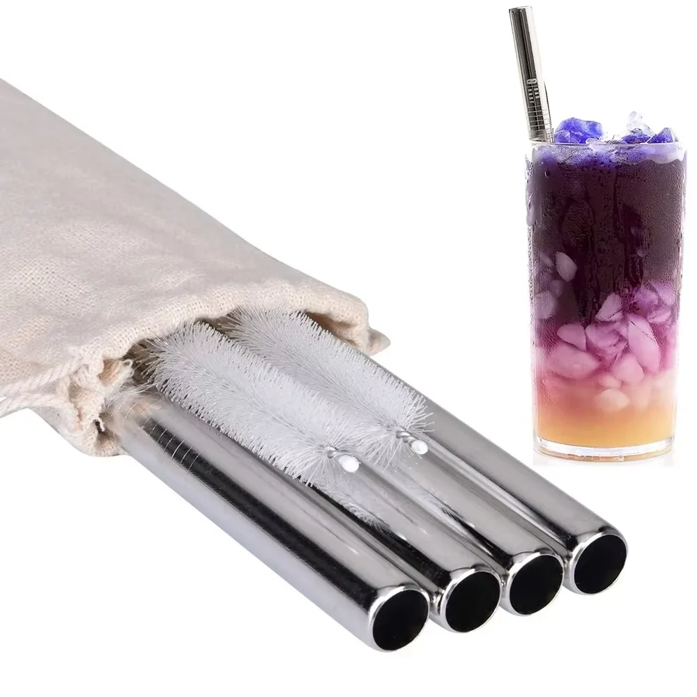 Pajitas reutilizables Boba con cepillo de limpieza, 4 Uds., pajita de té de burbujas de Metal de acero inoxidable Extra ancha para batidos y batidos