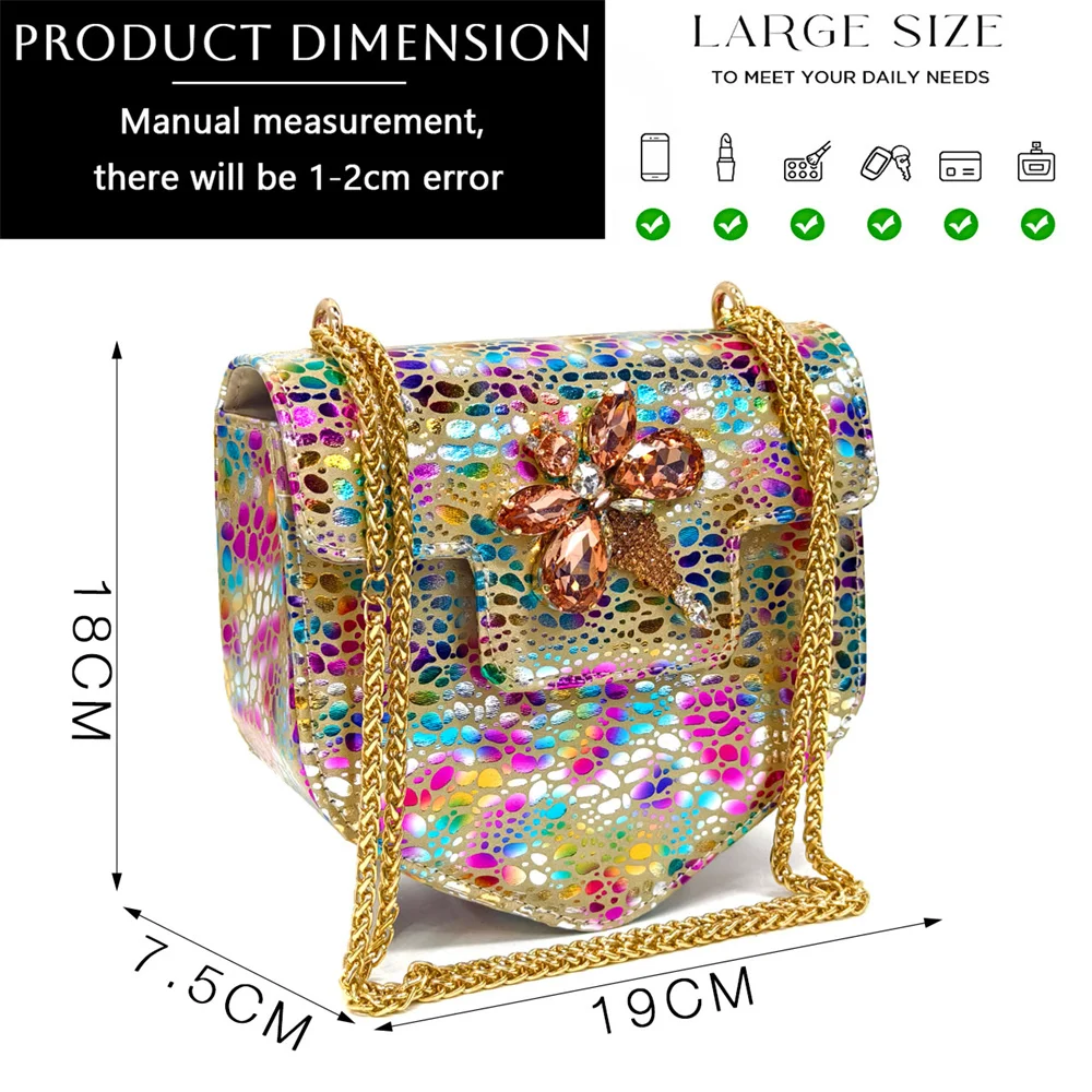 Conjunto de Tacones Elegantes con Pedrería y Bolso a Juego Venus Chan, Tacones de Bloque con Punta en Pico y Estampado Colorido para Banquetes y Salidas Nocturnas