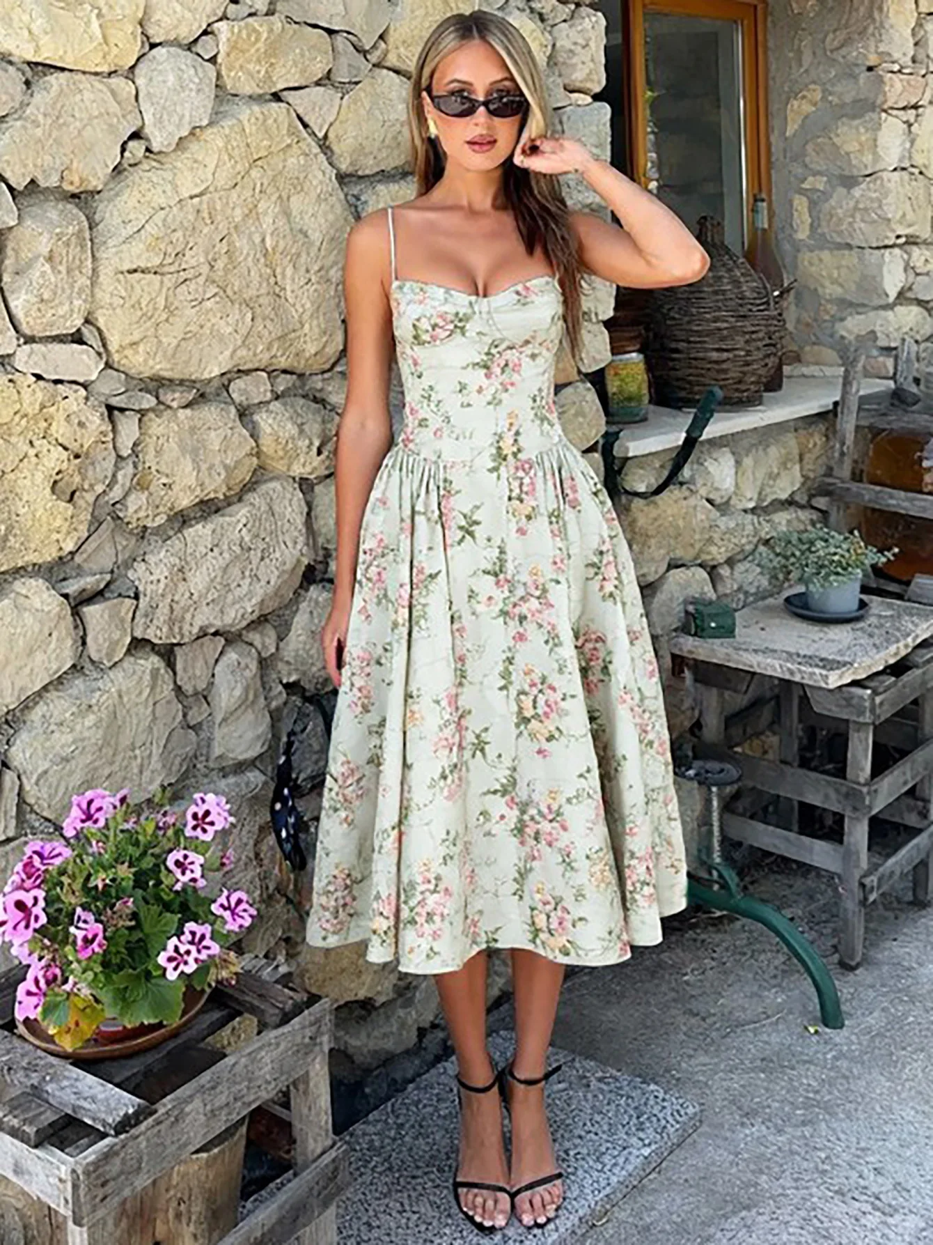 Vestido Midi Floral Vintage para mujer, vestido veraniego acampanado de cintura alta, vestidos verdes de verano para mujer, invitados de boda, noche blanca nueva