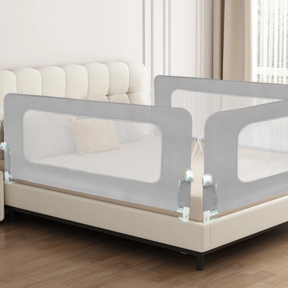 Barrera de cama 150 / 180 / 200 cm - Protección anticaídas - Plegable ° Altura ajustable de 66 a 80 cm - con patas trapezoidales y cuerdas de fijación - gris suave/rosa/azul/gris