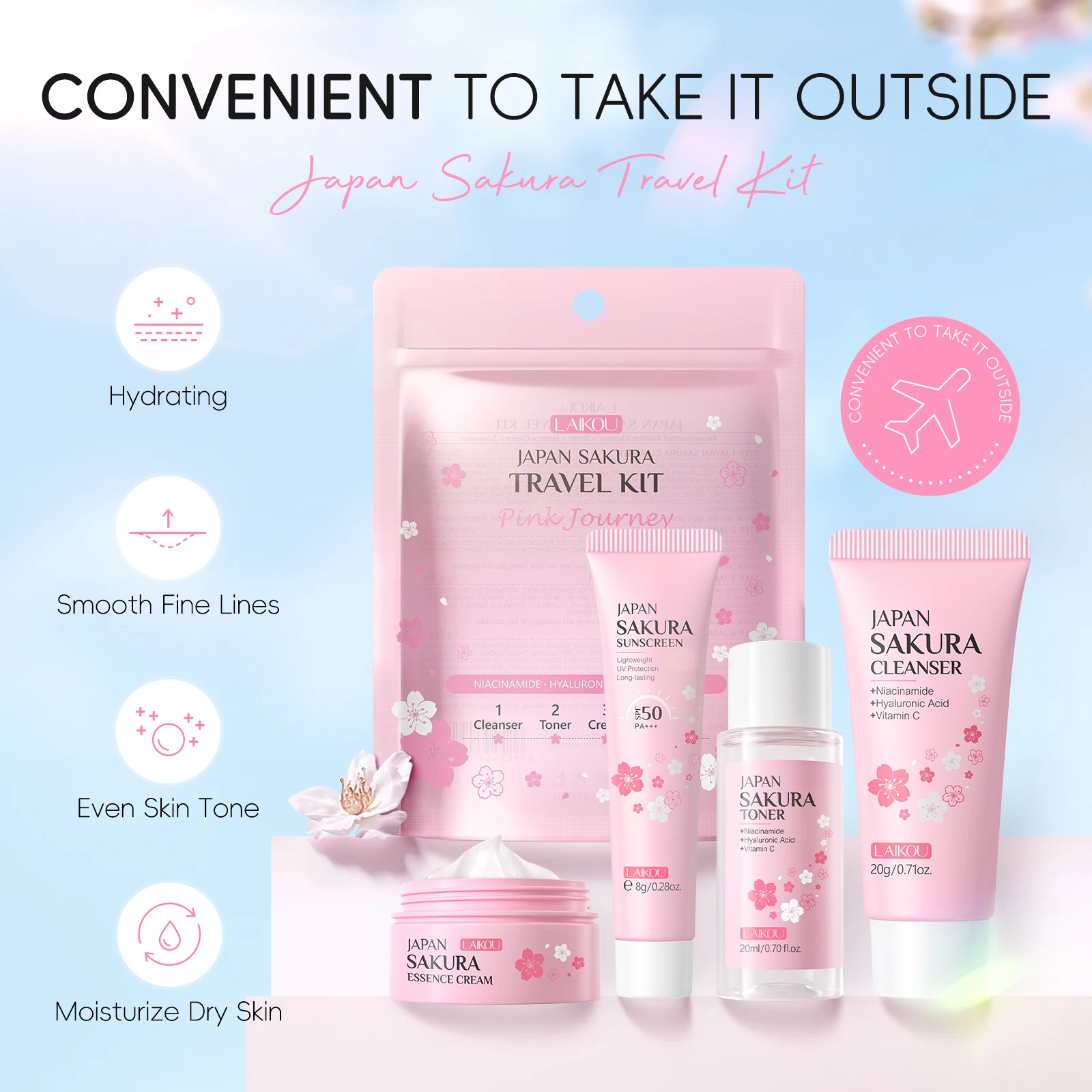 Set Completo de Cuidado Facial LAIKOU Japan Sakura: Limpiador, Tónico, Sérum, Crema, Crema para Ojos, Protector Solar, Kit de Viaje