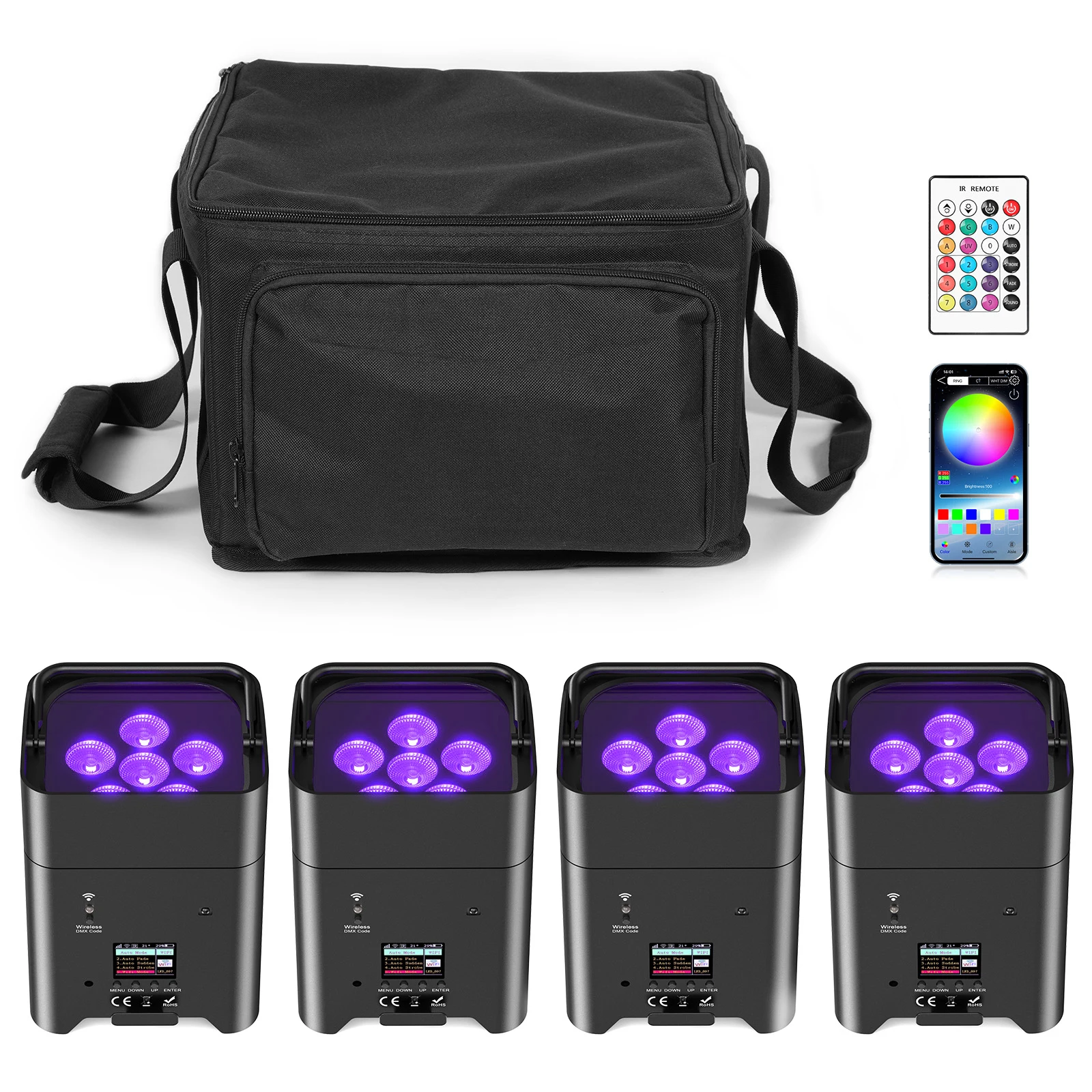 U'King 4 Uds 6x18W 6 en 1 RGBAW + luz Par UV con bolsa DMX Control remoto WiFi Par luz LED inalámbrica para escenario para DJ Bar fiesta