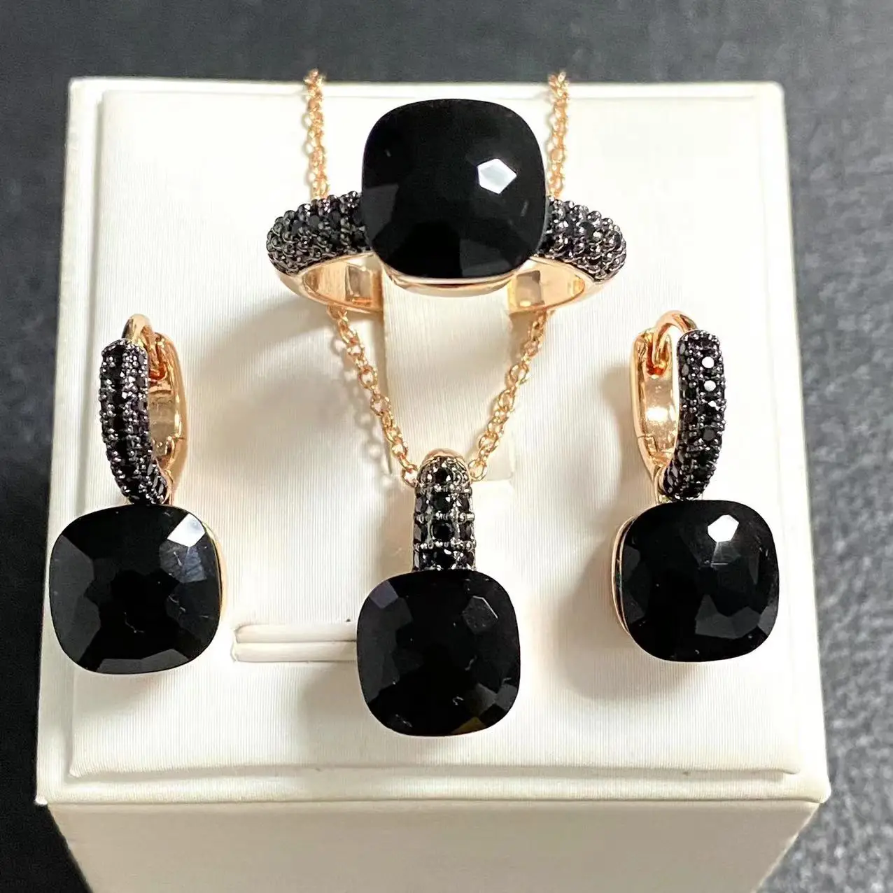 3 unids/set de pendientes de anillo para mujer, conjunto de joyería con incrustaciones de pistola de circón negro, conjunto de joyería de cristal chapado en negro, regalo de joyería