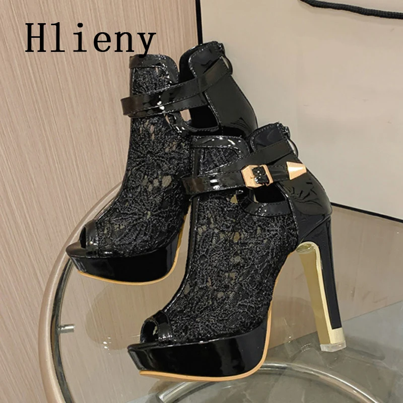Hlieny-Botas de plataforma de tela de malla para mujer, zapatos de tacón alto con punta abierta, Stilettos para fiesta en club nocturno, Sexy, otoño
