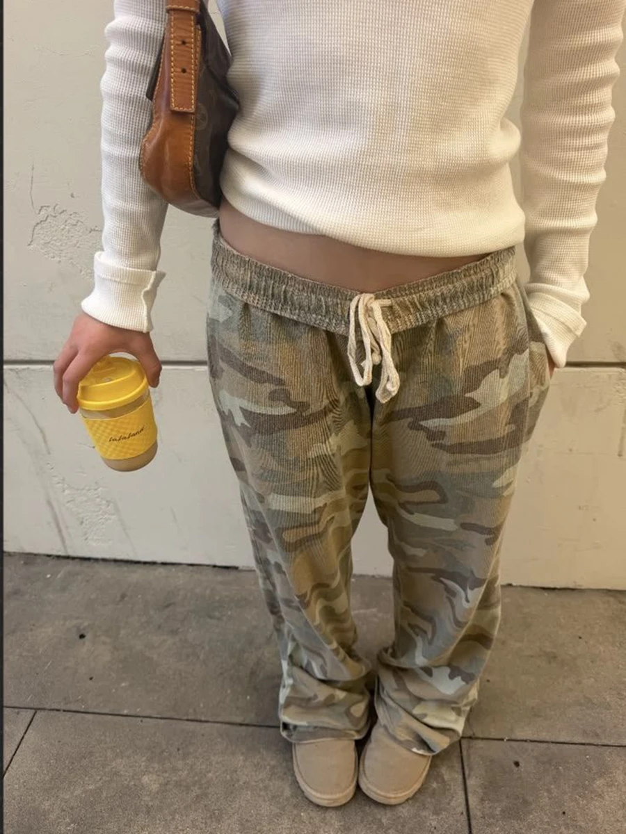Pantalones Deportivos de Camuflaje con Cordón para Mujer, Pantalones Rectos con Cintura Elástica para Verano, Estilo Urbano Americano Vintage, Pantalones Holgados de Algodón Y2k