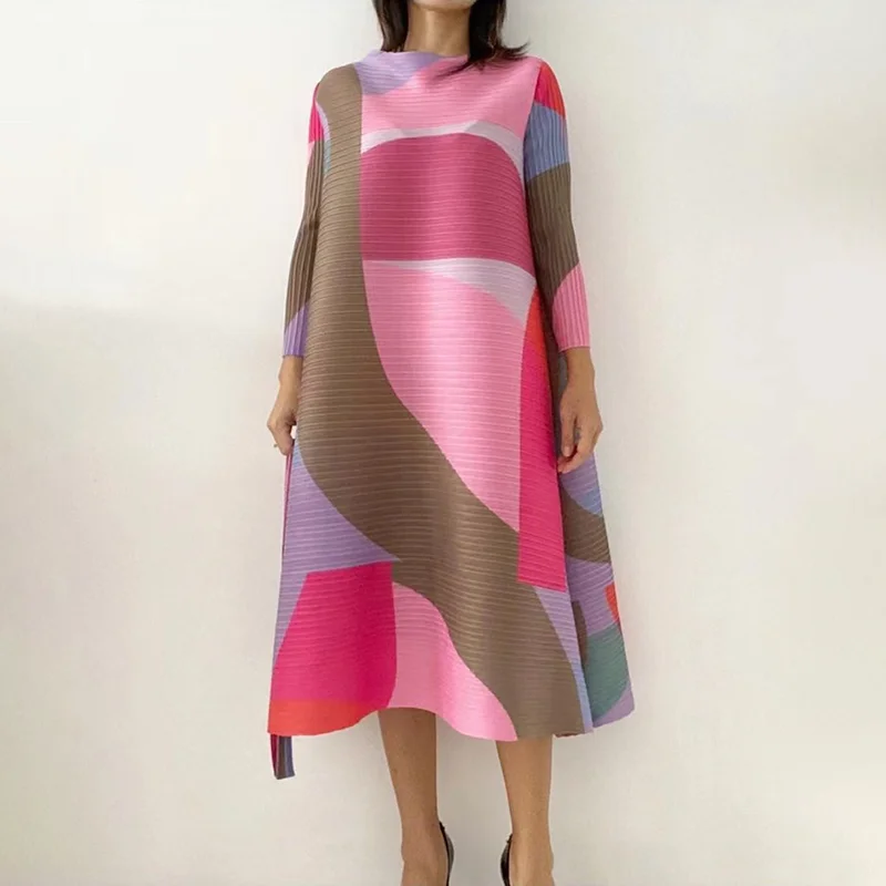 Vestido plisado con cinturón para mujer, prenda de vestir femenina con diseño geométrico de colores llamativos, de talla grande, estilo informal, a la moda, novedad de primavera, 2024