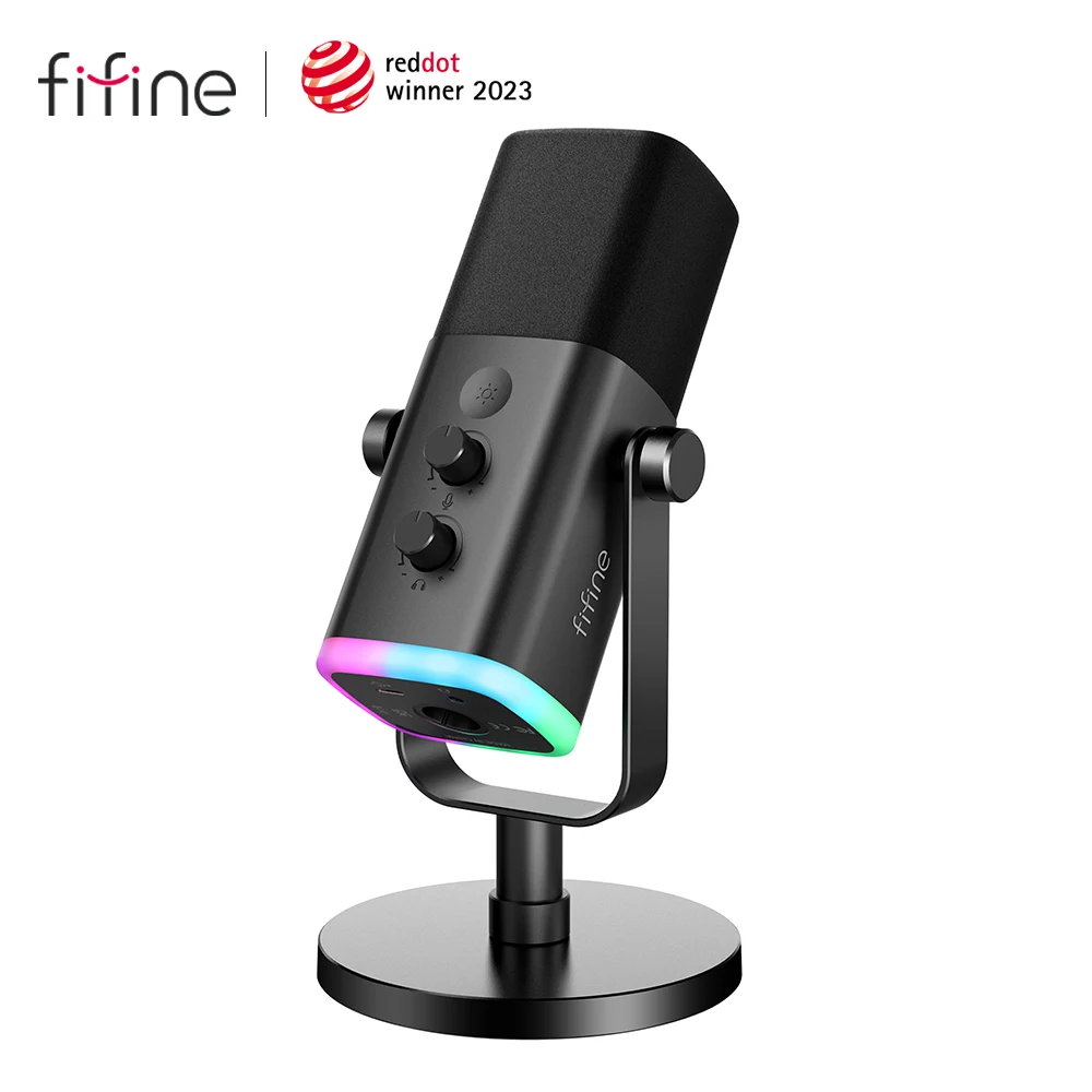 FIFINE-micrófono dinámico USB/XLR con botón de silencio táctil, Conector de auriculares, controles de E/S, para PC, mezclador de PS5/4, amplificador de micrófono para juegos AM8