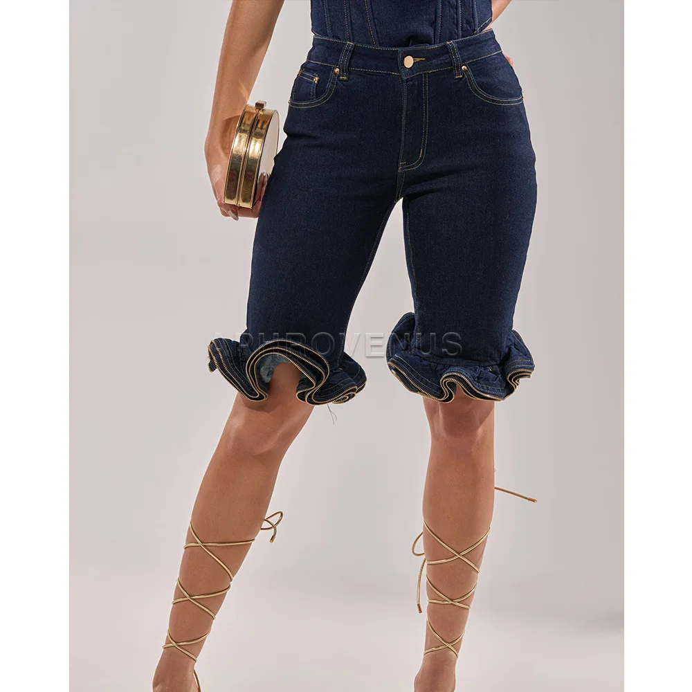 Shorts de mezclilla ajustados con dobladillo ondulado para mujer, cintura alta, estilo casual, con volantes, a la moda, efecto adelgazante, streetwear