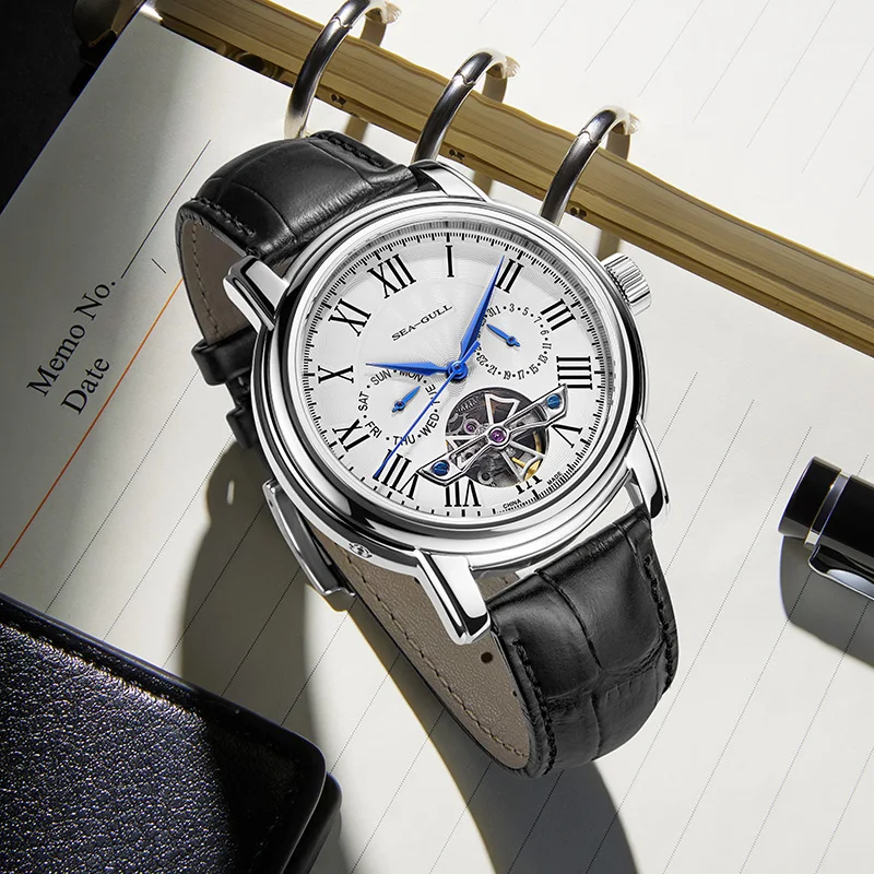 Nuevo reloj de pulsera mecánico automático para hombre, movimiento Seagull ST25, reloj de negocios informal Flywhee hueco a la moda para hombre 819.624