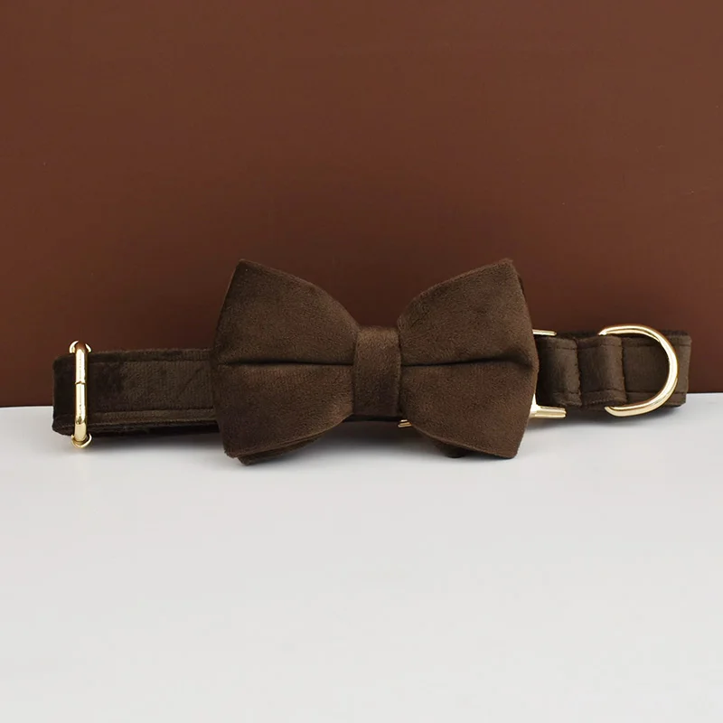 Conjunto de collar y correa de terciopelo marrón oscuro para perros, placa con nombre grabada personalizada, suministros para mascotas, correa para perros Velvet11