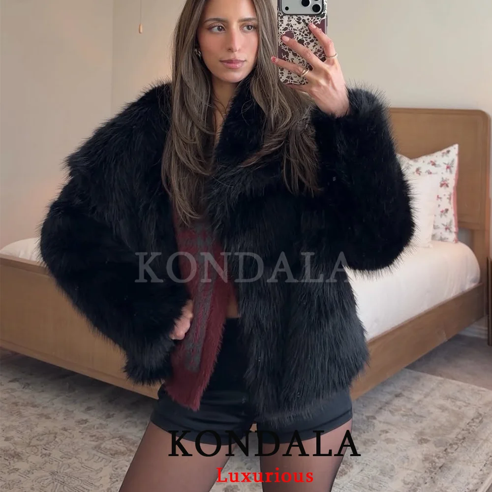 KONDALA, chaquetas informales de piel gruesa marrón para mujer, abrigos de piel sintética de manga larga con cuello en V para otoño e invierno, ropa de calle a la moda 2025