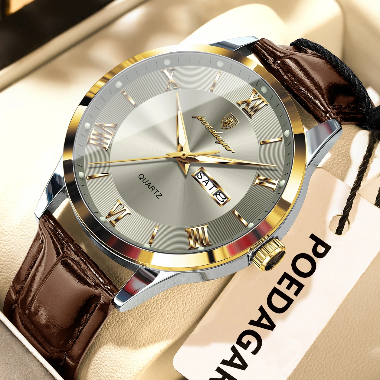 Reloj POEDAGAR Original de moda para hombre, Reloj de cuero con fecha y semana de cuarzo para hombre, relojes luminosos impermeables de negocios para hombre, Reloj masculino