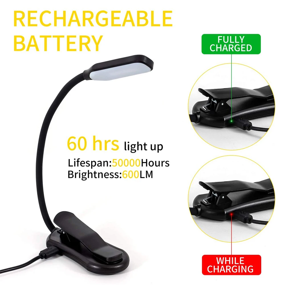 Luz de libro de 7 LED, luz de lectura recargable por USB, luz blanca cálida y fría de 3 niveles, lámpara de lectura nocturna portátil, Flexible y fácil Clip
