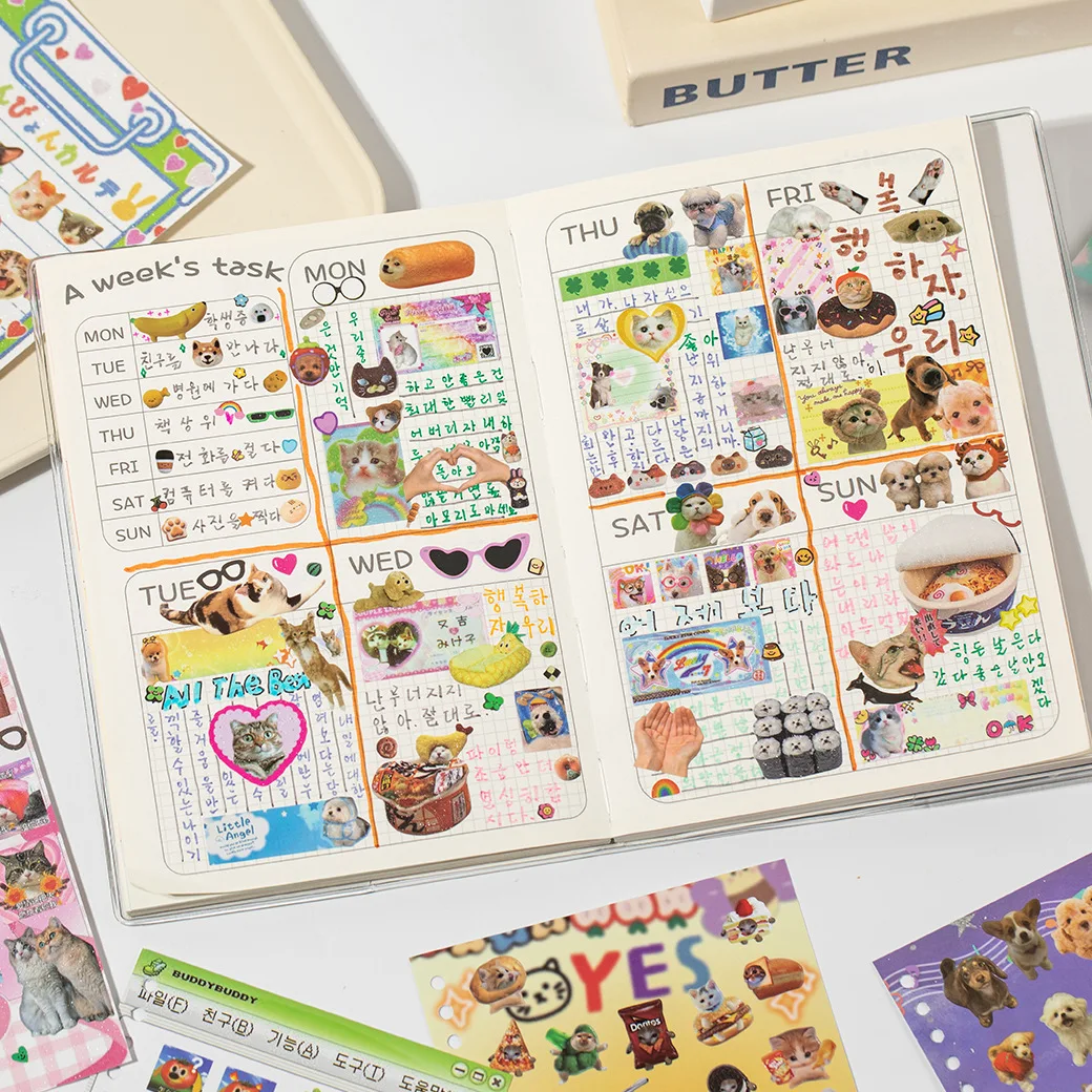 Libro de Pegatinas con Diseño de Gatos y Perros, 30 Piezas, Material para Manualidades, Scrapbooking, Papelería Estética