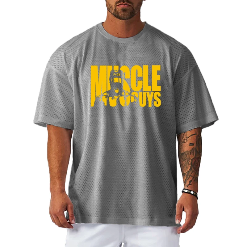 Camiseta de manga corta de malla de poliéster para hombre, ropa informal para gimnasio, Fitness, culturismo muscular, camisas holgadas de gran tamaño de secado rápido para verano