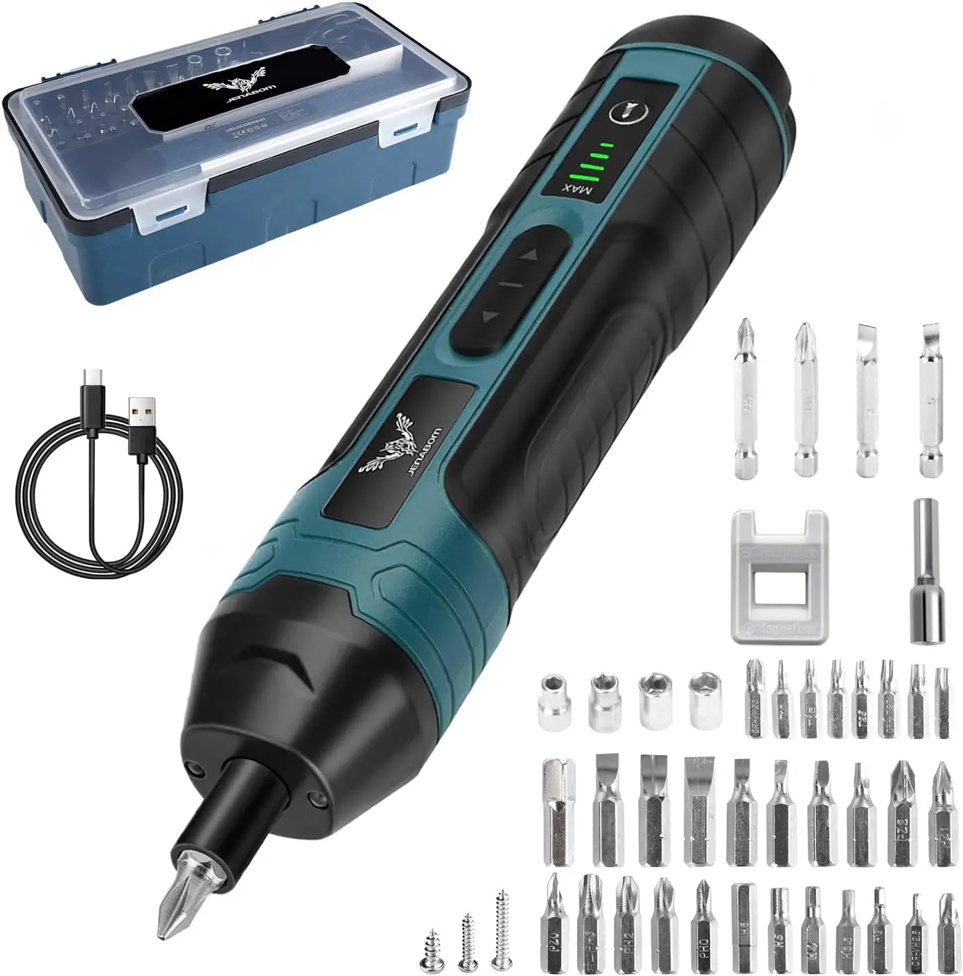 Destornillador eléctrico con ajuste de torque de 4 velocidades, luz LED de trabajo, mango de goma suave, destornillador eléctrico portátil recargable por USB para reparaciones domésticas de bricolaje