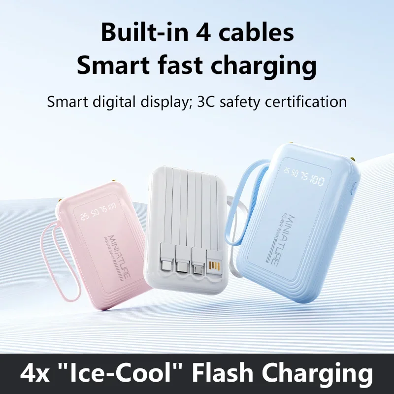 Batería Externa Lenovo de 500000mAh con Carga Súper Rápida, Pantalla Digital LED, 4 en 1 con Cables Integrados para iPhone y Samsung