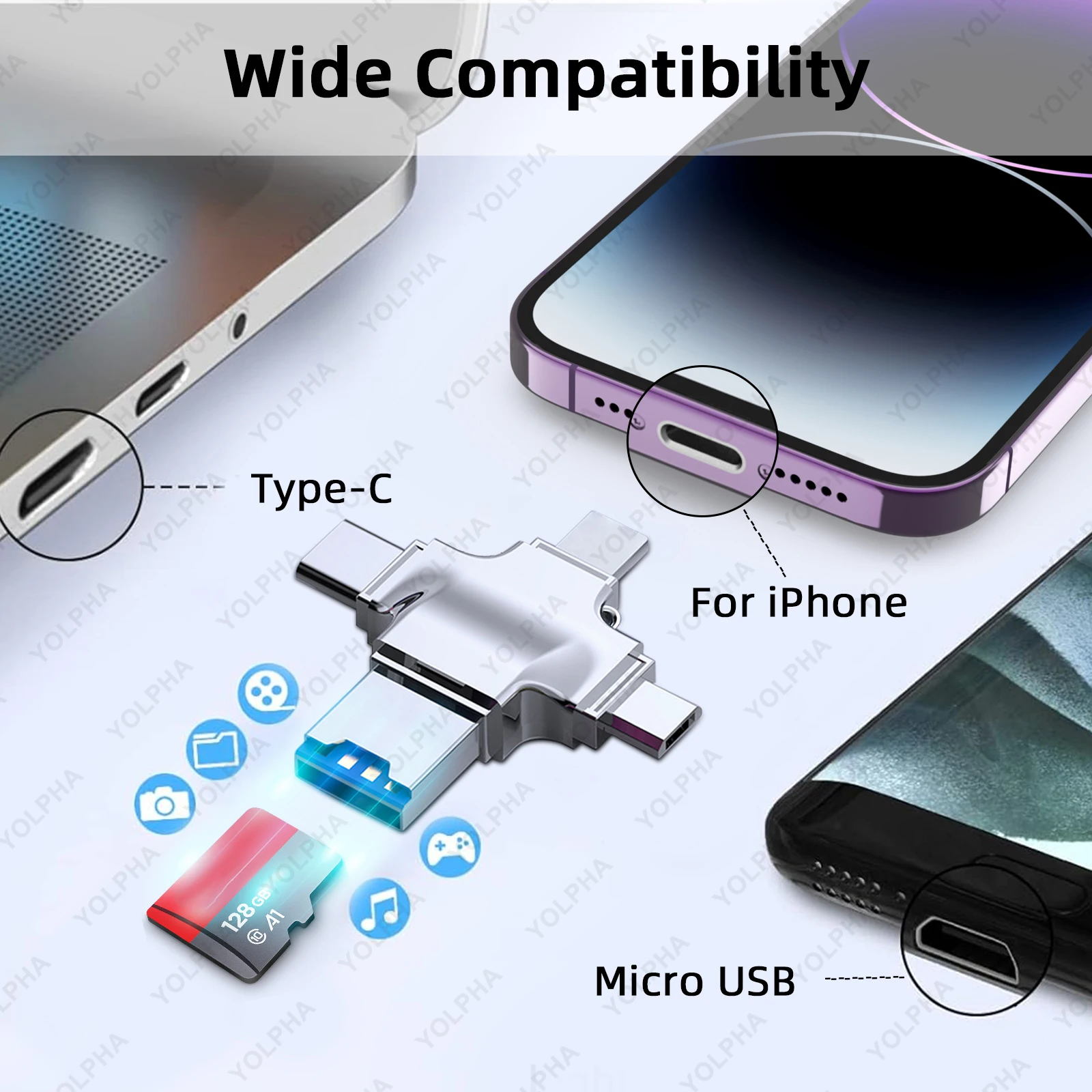 Lector de tarjetas de memoria 4 en 1 para iPhone, portátil, PC, adaptador OTG tipo C para iOS, USB A, lector de tarjetas Micro SD para Samsung, Huawei, Xiaomi, LG