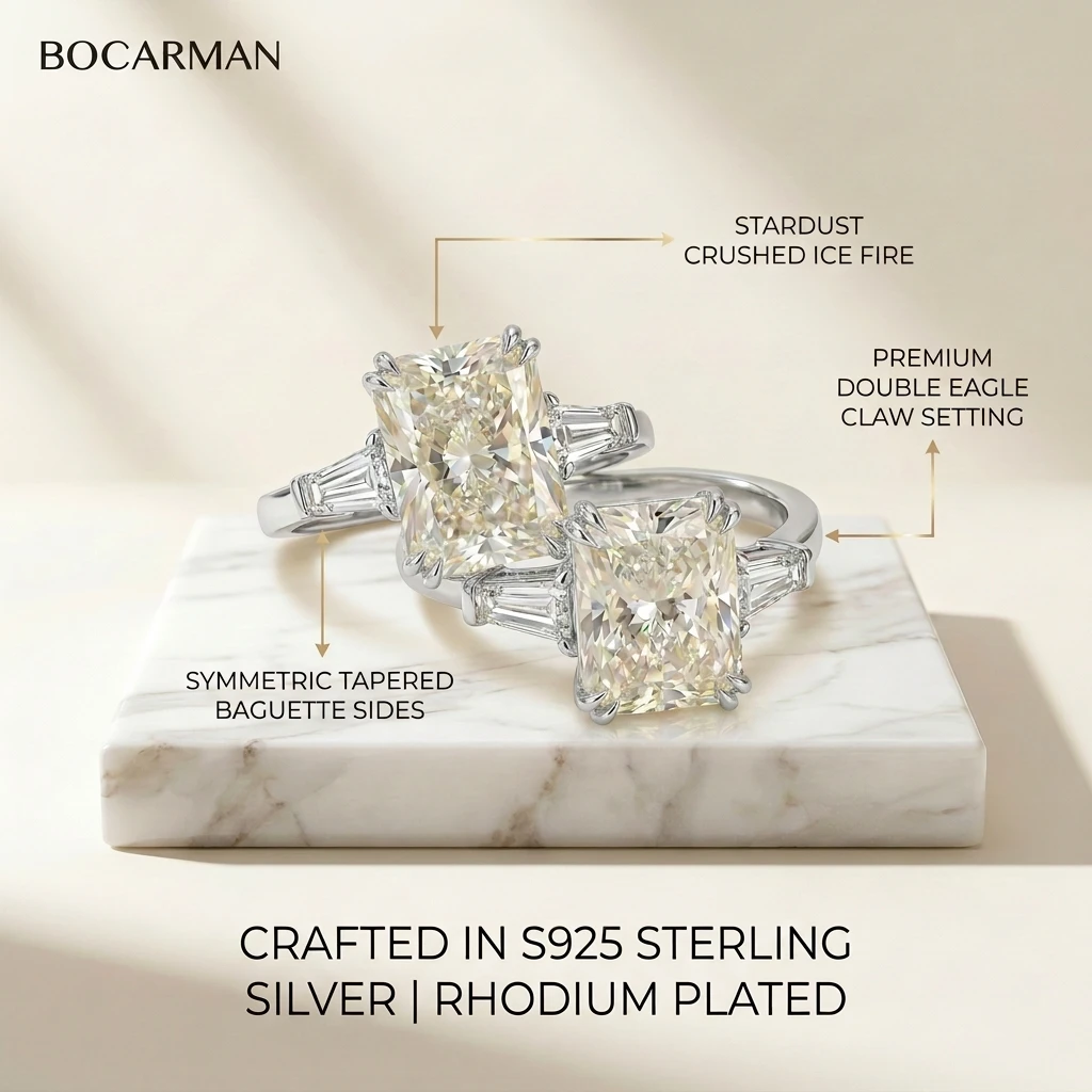 Anillo de Boda Bocarman, Plata S925, Rectangular, Verde Menta, Zirconia Corte Hielo, Elegante Regalo de Aniversario para Ella