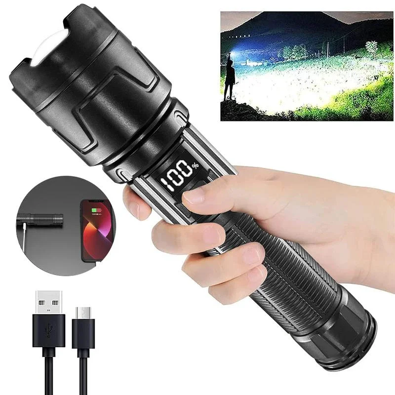 Linterna LED Súper Brillante Lenovo 1000000LM Recargable USB-C con Pantalla Digital, Resistente al Agua IPX8, Larga Duración, para Camping y Emergencias
